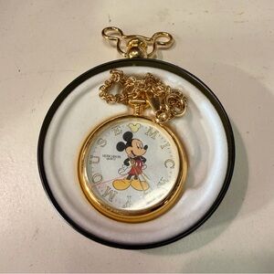 New Disney Mickey Unlimited Pocket Watch Quartz Gold Tone w Chain NOS